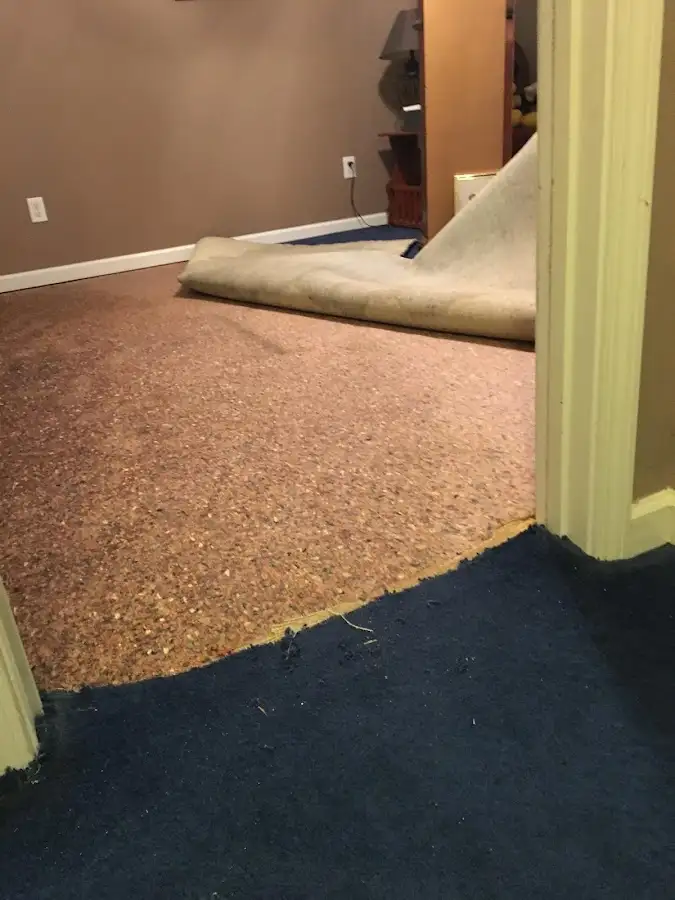 Carpet pad removal revealing water damage during Water Mitigation Services in Interlaken